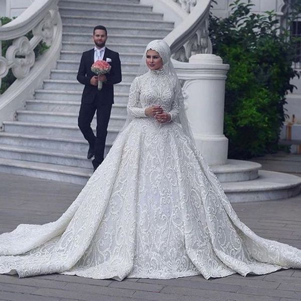 

custom white muslim wedding dress long sleeve applique high neck mermaid
