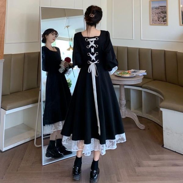 

casual dresses women autumn floral lace dress french vintage court black elegant puff sleeve back lace-up party long plus size 4xl, Black;gray