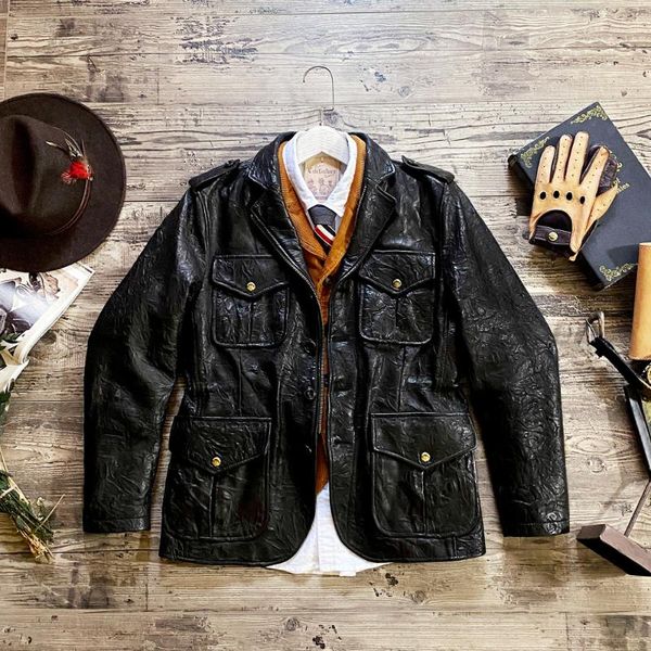 

men's leather & faux texture burstrare hand grasp long in grain sheepskin retro tweed jacket, Black