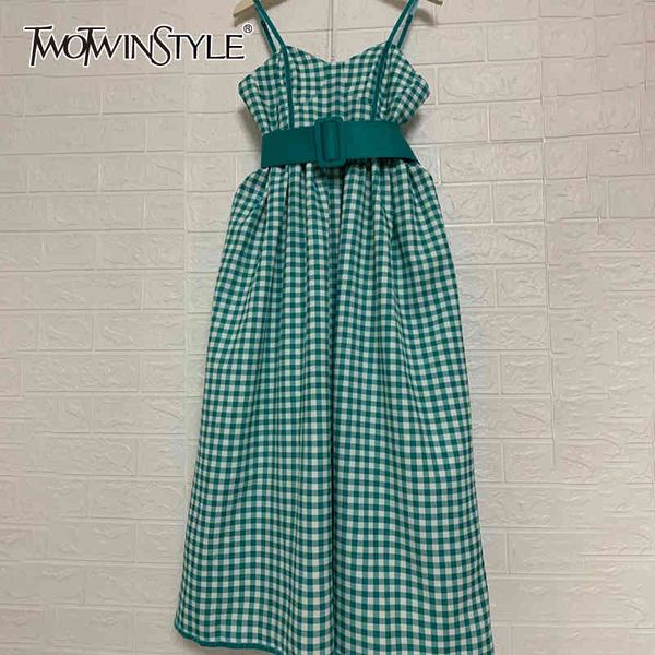 

plaid summer sling dress for women square collar sleeveless high waist sashes blue dresses female fashion new 210428, Black;gray