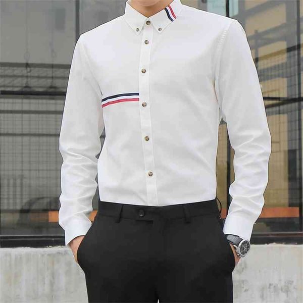 

red white blue ribbon tb long sleeve men's trend casual slim shirt, White;black