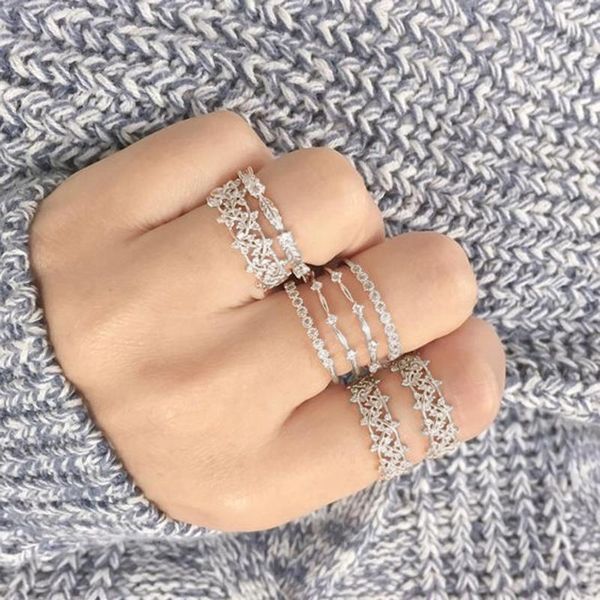

cluster rings beach fashion set women vintage geometric crystal silver color party ring bohemian lady elegant jewelry, Golden;silver