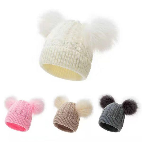 

beanies korean version of the cute double ball children's hats for men and women plus fluff yarn knitted infants toddlers