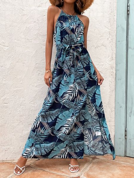 

tropical print belted split thigh maxi dress n9cl#, Black;gray