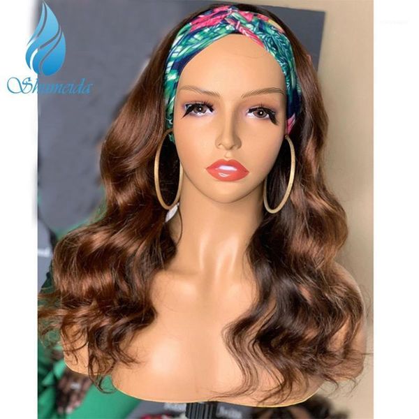 

headband human hair wigs natural color brazilian remy loose wave wig for black women gluless lace1, Black;brown