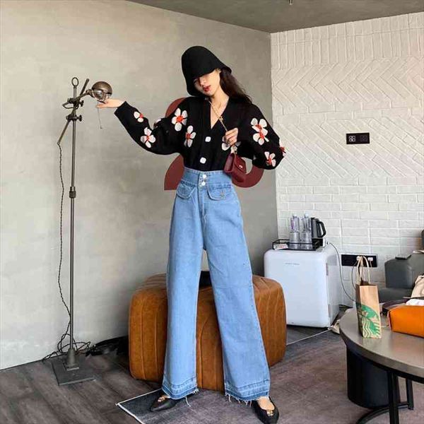 

women loose knitwear sweaters adults flower pattern long sleeve v-neck button down cardigan, White;black