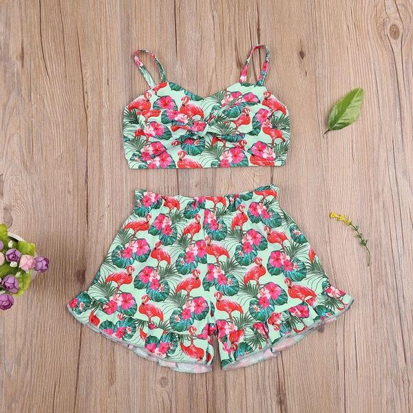 

summer toddler kids baby girl flamingo print tank high waist shorts bottom 2pcs outfits children clothes set clothing sets, White