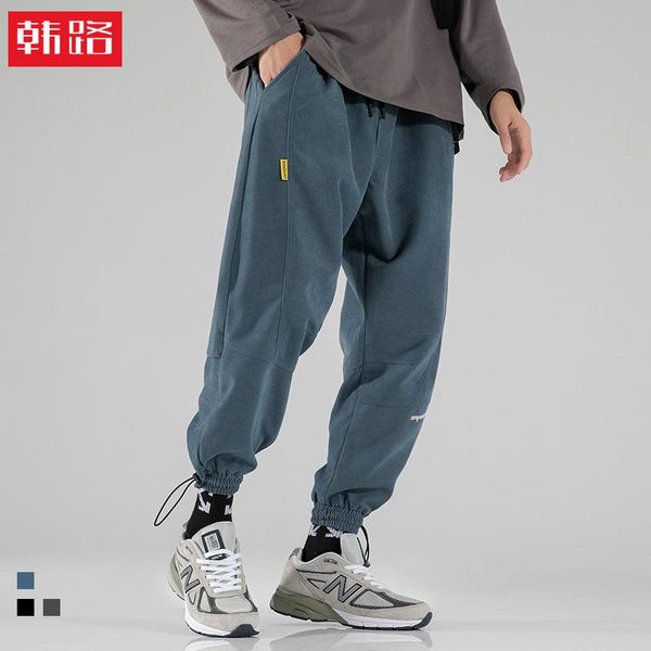 

men's jeans hanlu 2021 spring legged pants with drawstring stitching and printing loose casual for men, Blue
