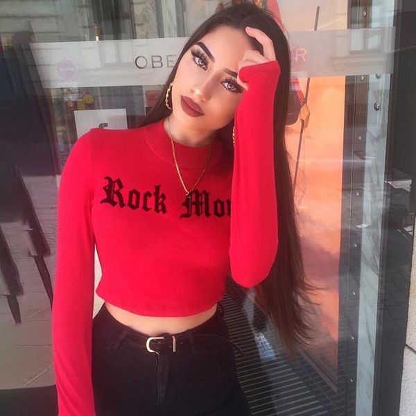 

women ins fashion letter printing long sleeve tshirt short basic goth graphic t shirts women's t-shirt, White