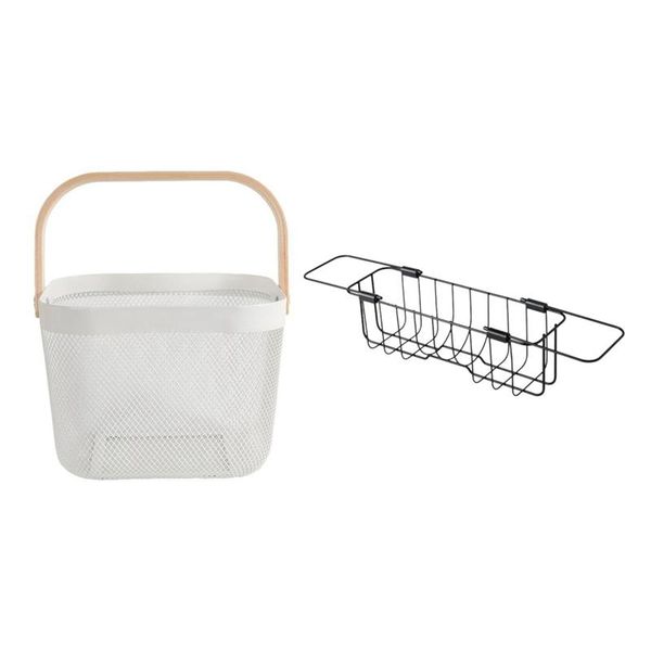 

storage baskets 1 pcs wood handle fruit vegatable basket white & iron kitchen sink drain rack black