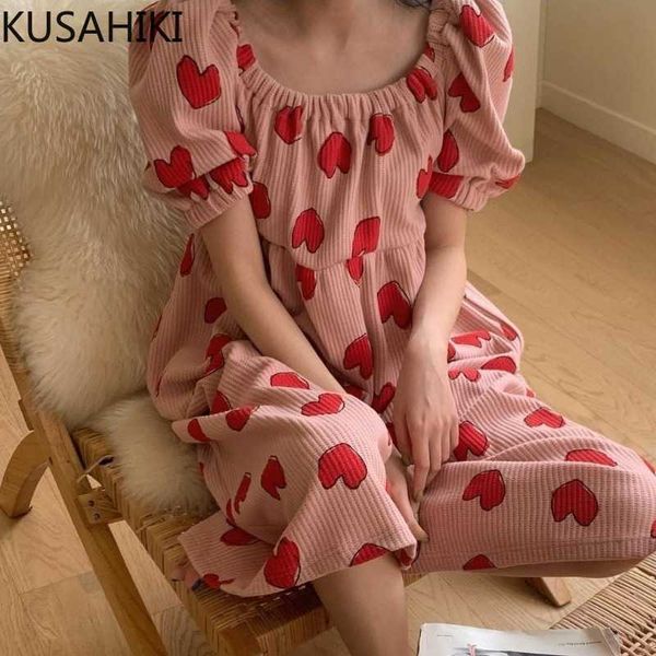 

kusahiki korean love heart printed women dress causal puff sleeve square collar dresses summer loose a-line vestidos 6g291 210602, Black;gray