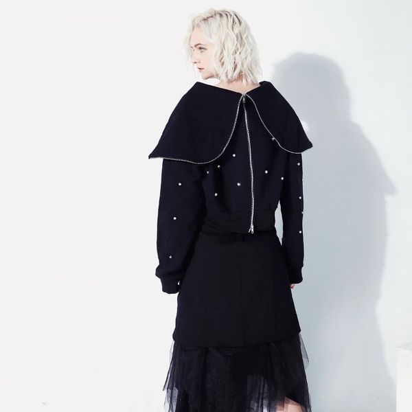 

women's hoodies & sweatshirts 20a/w large lapel long sleeve diamond set decoration handmade nail drill industrial double purpose hoodie, Black