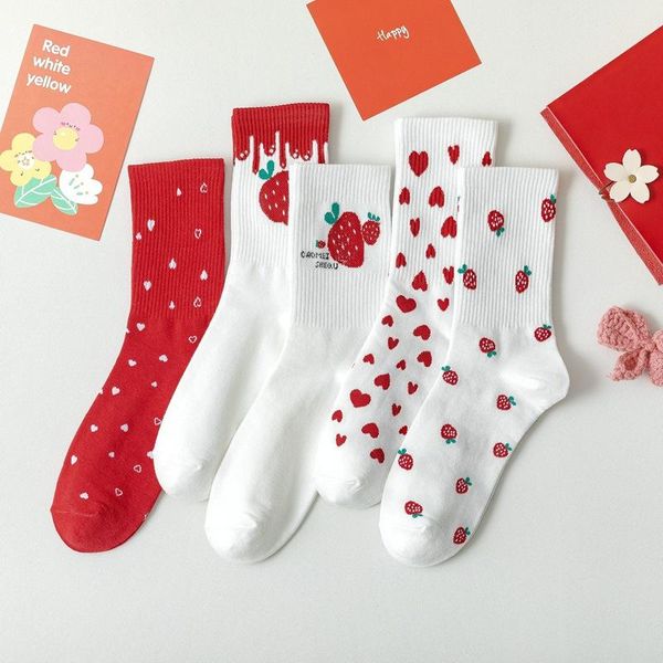 

socks & hosiery 2021 spring kawaii woman japanese fashion cartoon strawberry cotton long, Black;white