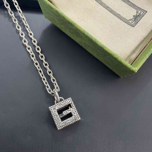 

ancient double square necklace made of old thai silver style hollow pattern letter pendant couple's clavicle chain black friday deals, Golden;silver