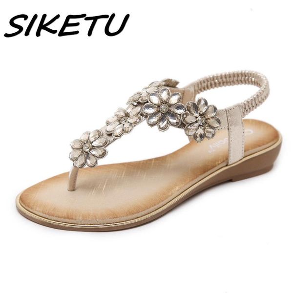 

dress shoes siketu women wedge sandals summer 2021 gladiator woman bohemia flat casual crystal flower flip-flop 35-42, Black