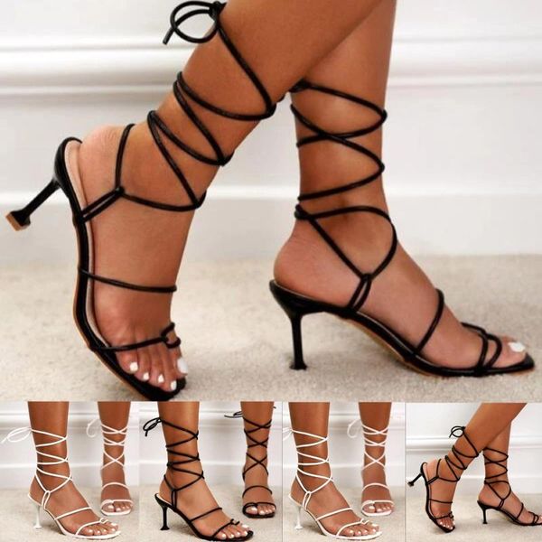 

sandals women ankle strap ladies thin high heels party dress shoes female summer lace-up sandal woman square toe d4, Black