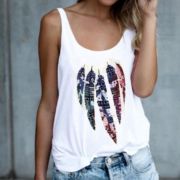

women loose camis feather printed tank summer fashion lady round neck vests wdc4733 drop, White