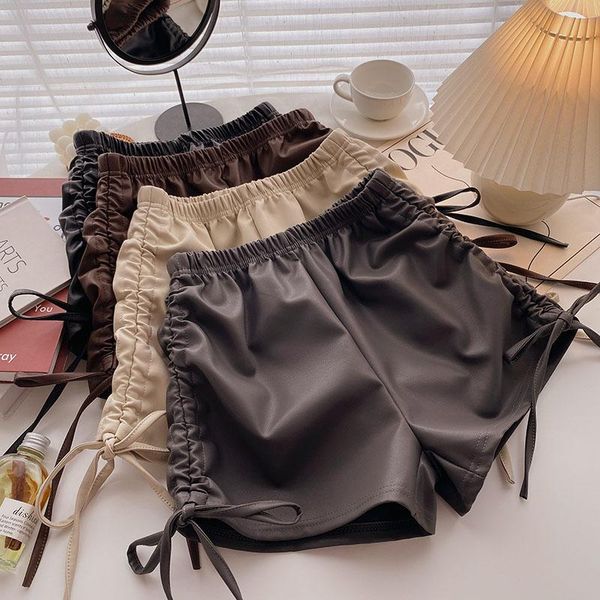 

women's shorts autumn winter solid leather chic drawstring pleated design women high elastic waist pu short femme, White;black