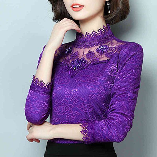 

lace women blouse mesh splicing embroidery beading long sleeve plus size thicken female office clothing 69f 210420, White