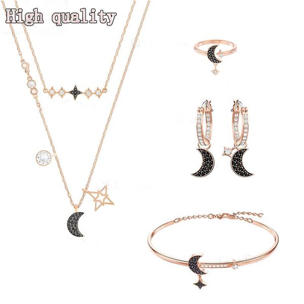 

chains swa exquisite crystal star moon design women's pendant necklace set charm fashion jewelry gift choker, Silver