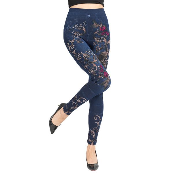 

leggings fashion able imitation jeans women's printed high elastic capris, Black