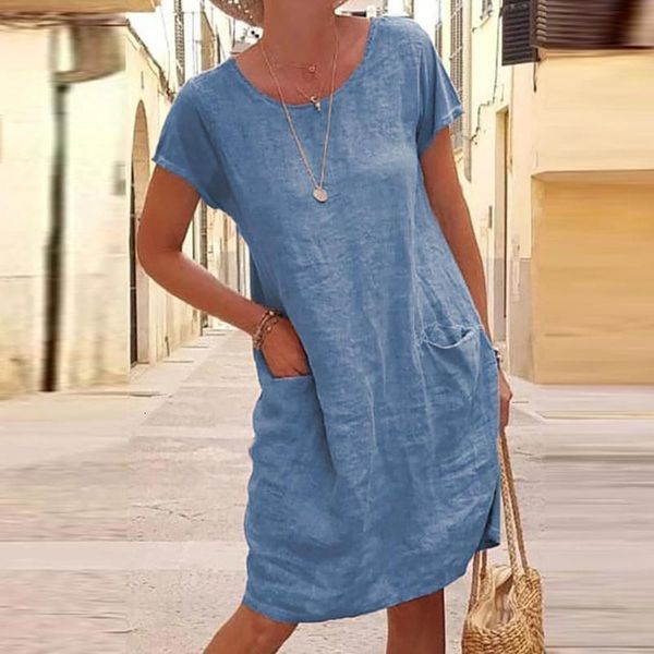 

casual dresses womens short sleeve solid color cotton linen ladies summer dress oversize loose o neck pocket 25e2, Black;gray