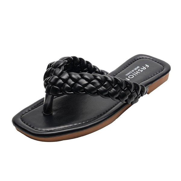 

net red cool slippers for women to 2021 summer korean fashion sandals female candy color woven flat toe, Black