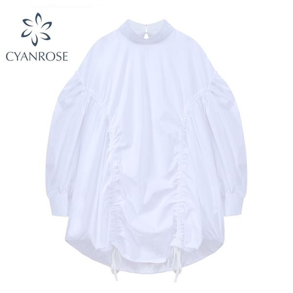 

white shirt dress women puff long sleeve oversized crop dresses droped drawstring lace up retro sweet korean stand collar frocks 210515, Black;gray