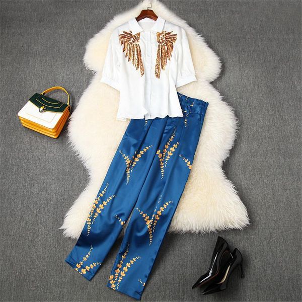 

designer runway suit set women 2021 summer style pants two piece sequined blouse and matching sets dress, White