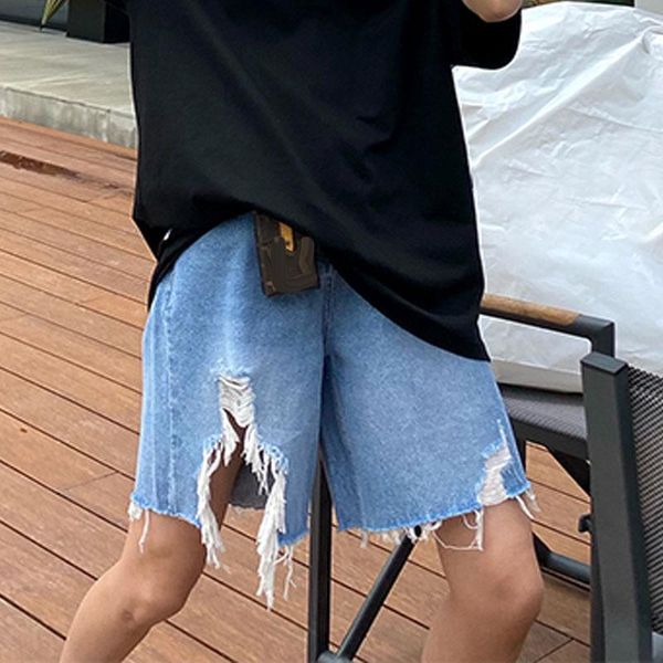 

women's jeans hole denim shorts women summer big size high waist five-point pants straight thin street boyfriend, Blue