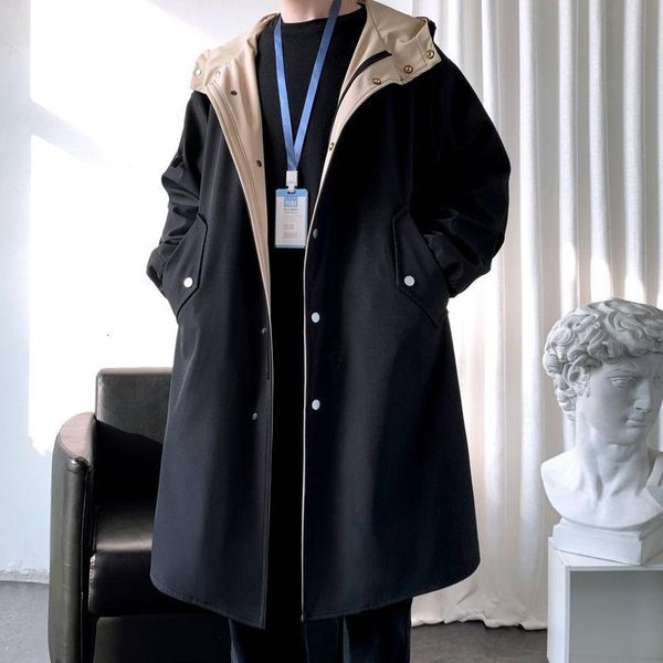 

men's trench coats spring windbreaker long knee medium coat f175-p105, Tan;black