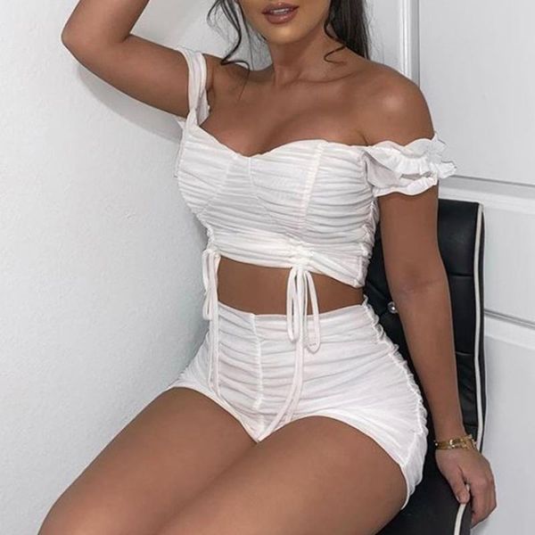 

off shoulder strapless crop high waist biker shorts set 2 pc for women matching sets white/pink outfits women's tracksuits, Gray