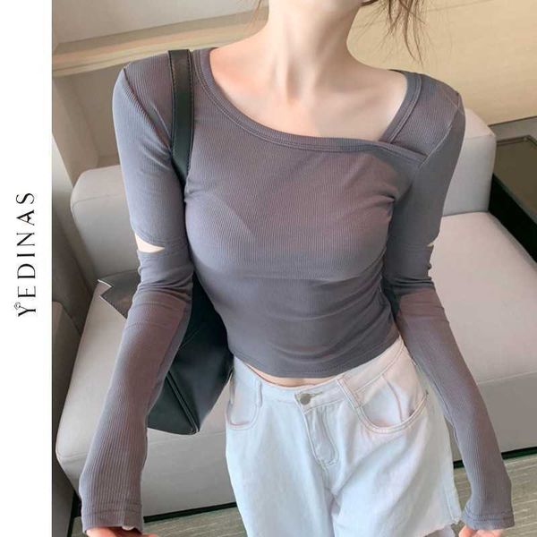 Yedinas Slim Sexy T-shirt a maniche lunghe Donna Scava Fuori Crop Top Colletto irregolare Chic Designer Coreano Streetwear Solido Tunica anni '90 210527