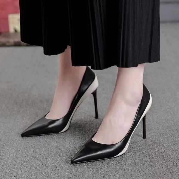 

dress shoes 2021 korean color matching, simple pointed thin heels, fashionable single shoes, large heels, Black