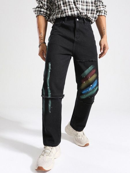 

men brush & splatter print raw trim jeans s7zc#, Blue