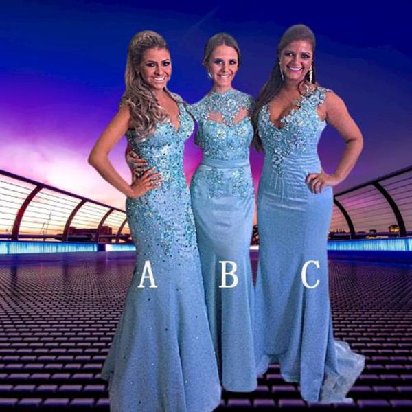 

vintage mermaid light sky blue bridesmaid dresses high neck lace major beaded 2022 maid of honor long evening prom party wedding guest gowns, White;pink