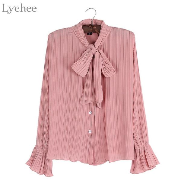 

women's blouses & shirts lychee women pleated bow tie blouse spring autumn flare sleeve chiffon shirt vintage blusa, White