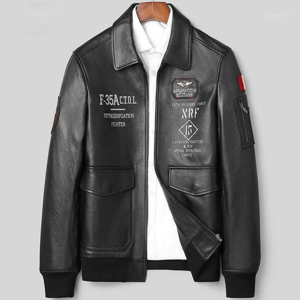 

men's leather & faux real sheepskin jacket genuine coats casual spring fashion mens shearling, Black