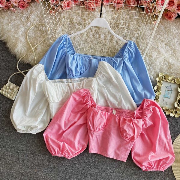 

women's knits & tees fashion retro square collar lantern sleeve short shirts blouse women summer slimming button shirt clothe, White