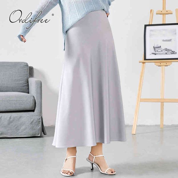 

summer vintage women long satin high waist grey black silk maxi skirt 210415