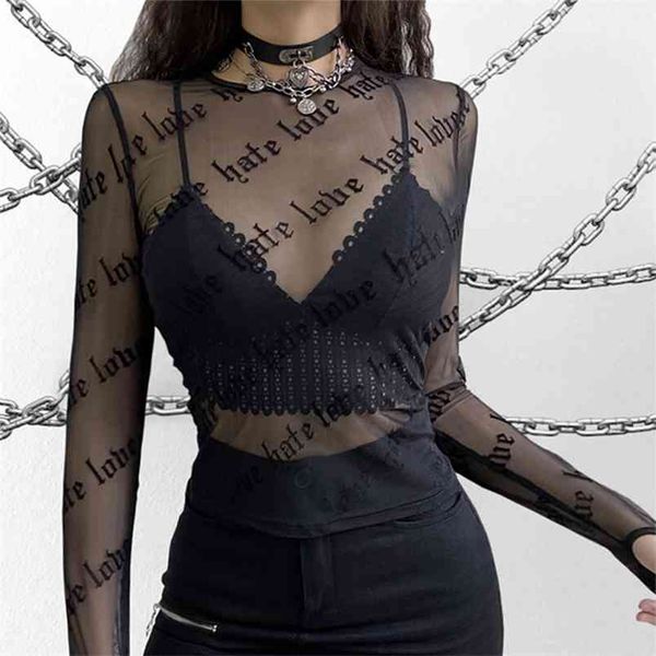 

letter print see through women's t-shirts mesh y2k crop fashion summer long sleeve goth pulovers tee shirt femme 210510, White