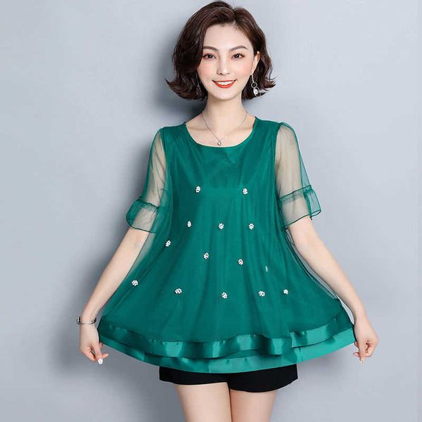 

women spring summer style mesh chiffon blouses shirts lady casual short flare sleeve blusas df2956 210609, White