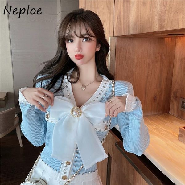 

women's knits & tees neploe 2021 autumn french style kitted cardigan woman v-neck bowknot decoration sweater coat women long sleeve kni, White
