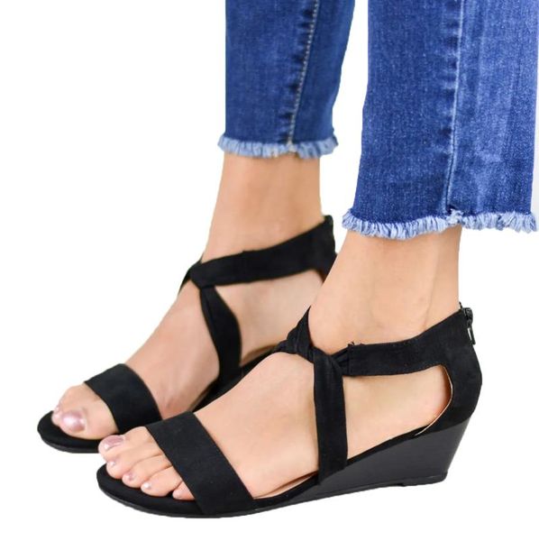 

dress shoes classics wedges peep toe rome gladiator women sandals med ankle strap cover heel boho zipper solid casual summer, Black