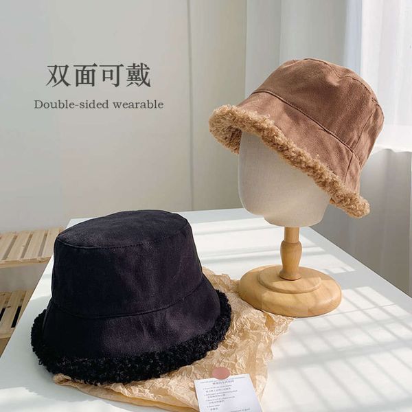 

round face suitable korean version chaoyang lamb hair fisherman's net red autumn and winter basin hat big head wai bucket hat, Blue;gray