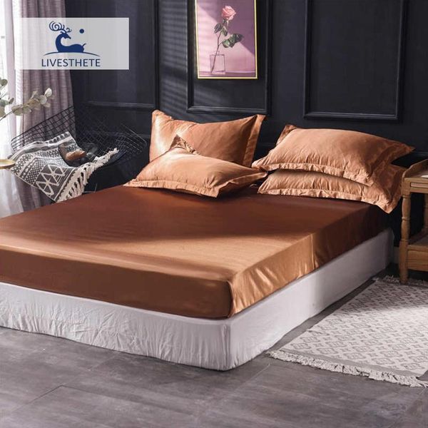 

sheets & sets liv-esthete 1pcs fitted sheet satin silk luxury mattress cover coffee bed elastic band solid color rubber