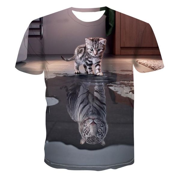 

men's t-shirts 2021 summer 3d cat reflection tiger pattern men and women fashion casual t-shirt round neck short sleeve top, White;black