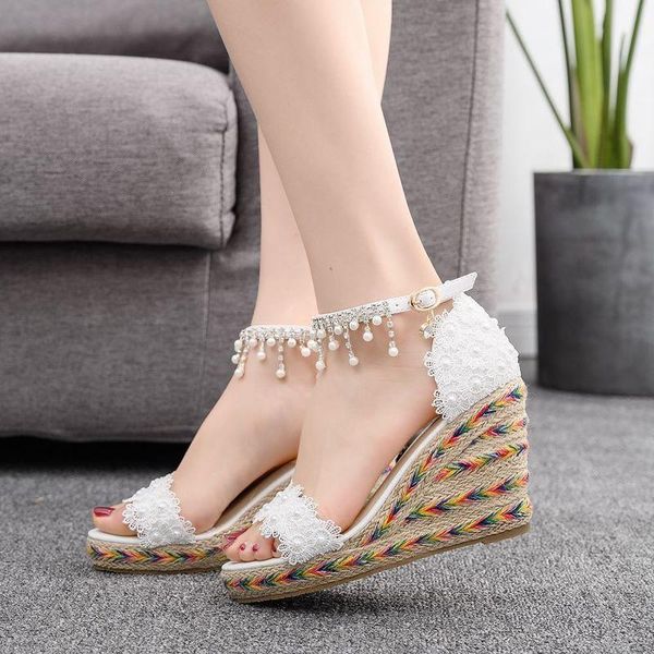 

dress shoes women sandals wedding party banquet lace pu rhinestones buckle strap 9cm wedges high heels round toe size 35-42, Black