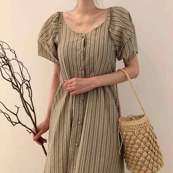 

summer fashion casual elegant simple round neck striped design loose single-breasted puff sleeve dress 16f1103 210510, Black;gray
