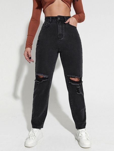 

high waist ripped mom jeans b7ux#, Blue
